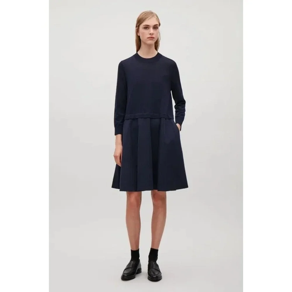 COS Long Sleeve Knitted Sweater Dress With Woven Skirt A-Line Minimalist Small - Picture 2 of 12